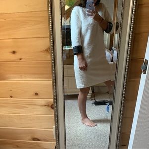 Worth-White fuzzy dress with Black leather cuffs